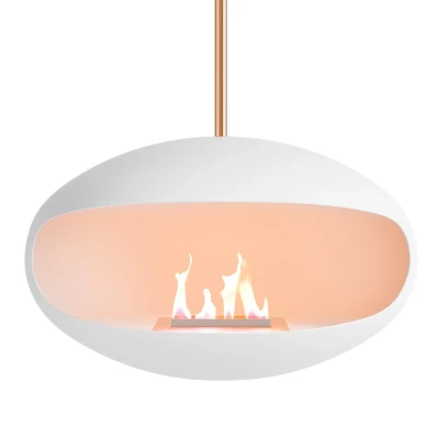 Aeris White + Copper Rod | Buy Here Aeris bioethanol fireplace in white with copper rod