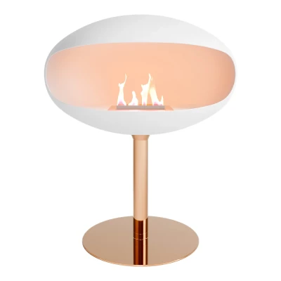 Pedestal White + Copper Base | Buy Here Pedestal bioethanol fireplace in white with copper base